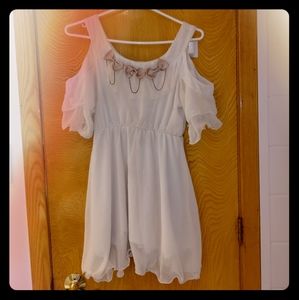 Satin bow cold shoulder white dress
